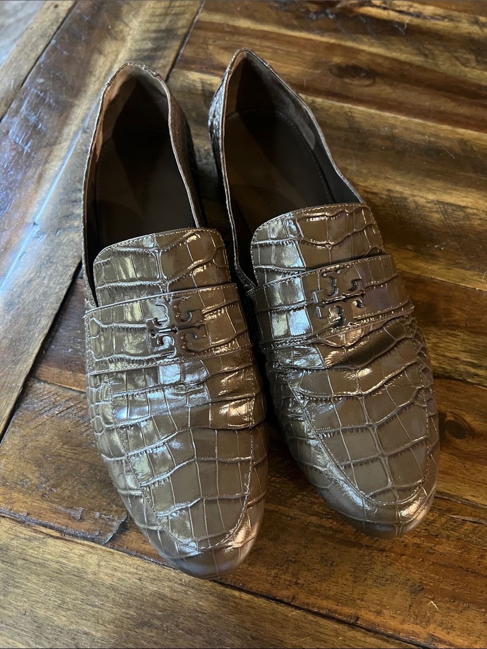 Tory Burch brown crocodile print loafers